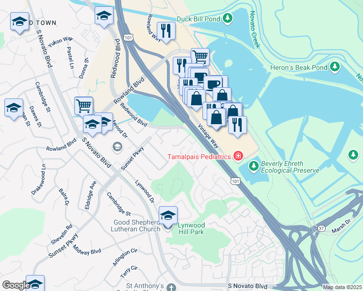 map of restaurants, bars, coffee shops, grocery stores, and more near 1259 Royal Oak Terrace in Novato