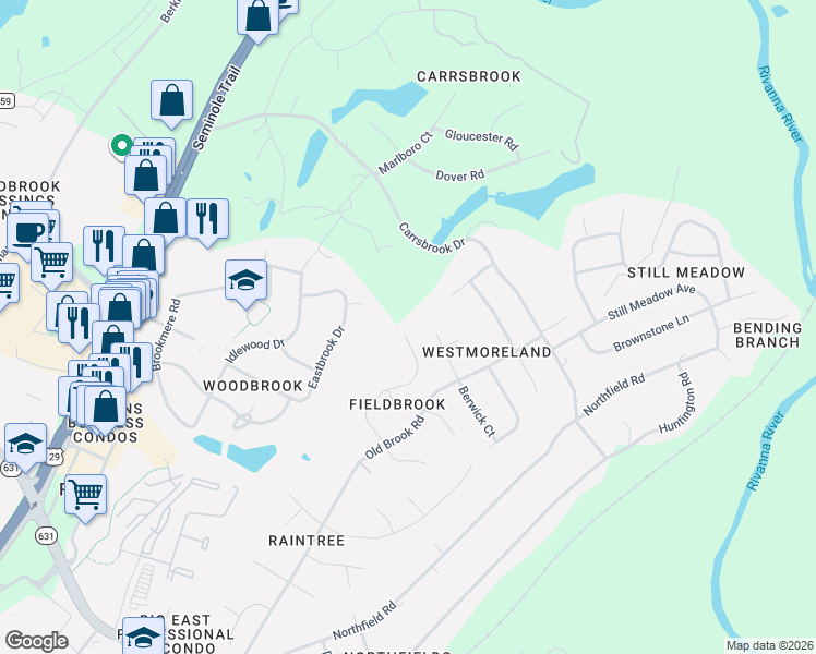 map of restaurants, bars, coffee shops, grocery stores, and more near 1810 Hearthglow Ln in Charlottesville