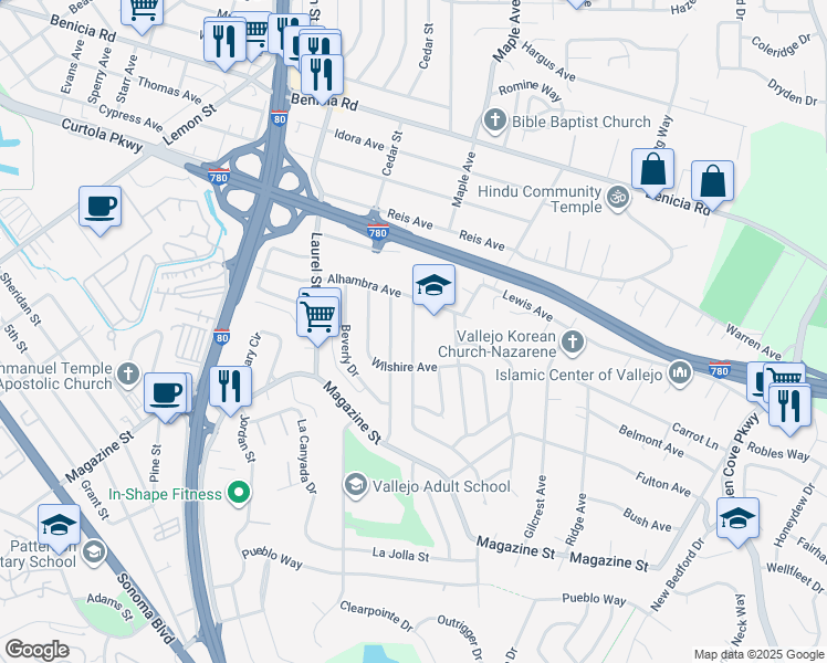 map of restaurants, bars, coffee shops, grocery stores, and more near 1450 Coronel Avenue in Vallejo