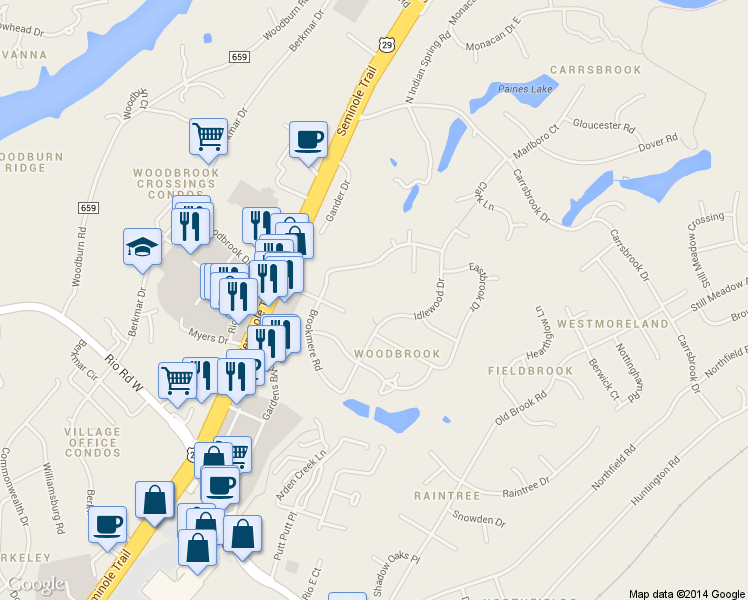 map of restaurants, bars, coffee shops, grocery stores, and more near 2902 Idlewood Drive in Charlottesville