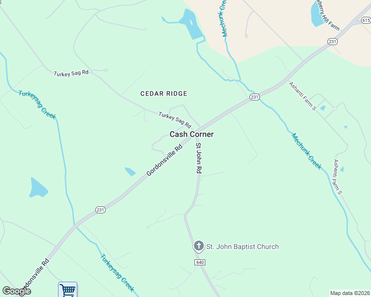 map of restaurants, bars, coffee shops, grocery stores, and more near 1852 St John Rd in Gordonsville