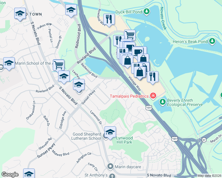 map of restaurants, bars, coffee shops, grocery stores, and more near 21 Lakeview Court in Novato