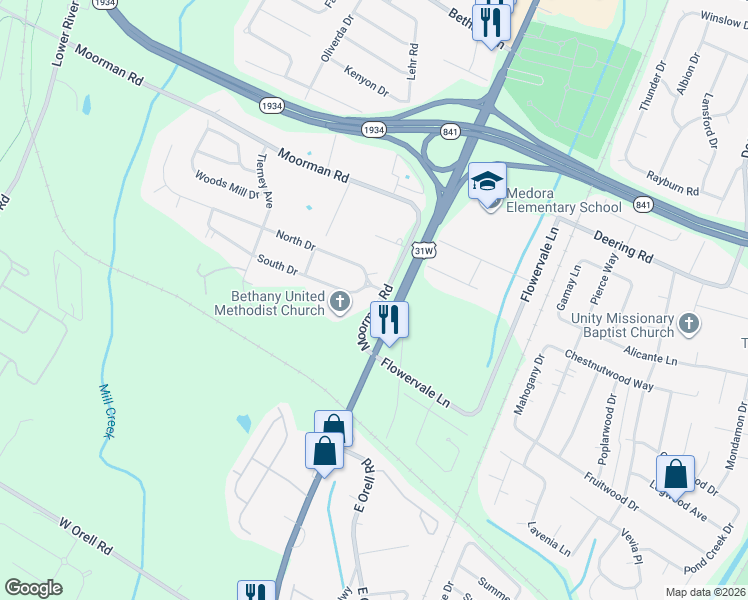 map of restaurants, bars, coffee shops, grocery stores, and more near 6150 Moorman Road in Louisville