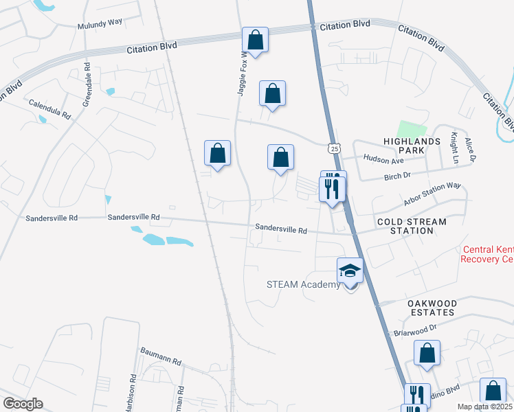 map of restaurants, bars, coffee shops, grocery stores, and more near 1708 Jaggie Fox Way in Lexington