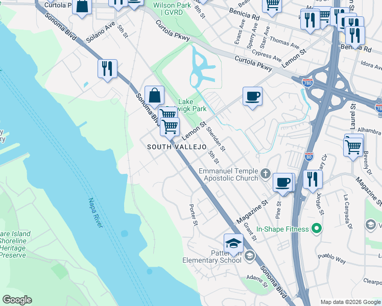 map of restaurants, bars, coffee shops, grocery stores, and more near 609 Grant Street in Vallejo