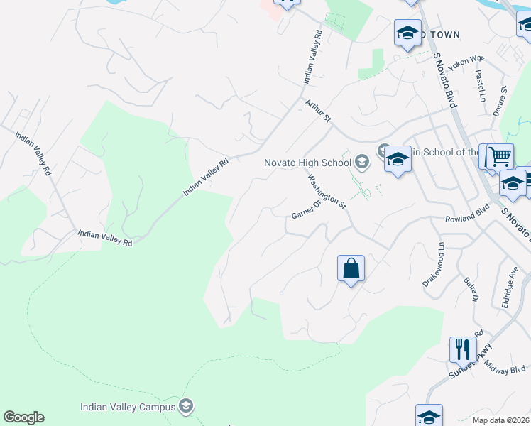 map of restaurants, bars, coffee shops, grocery stores, and more near 125 Garner Court in Novato