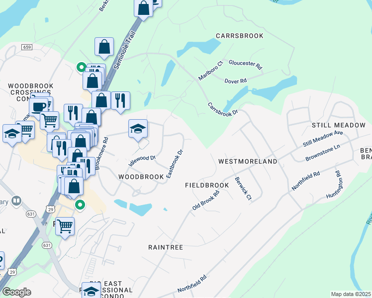 map of restaurants, bars, coffee shops, grocery stores, and more near 512 Eastbrook Drive in Charlottesville
