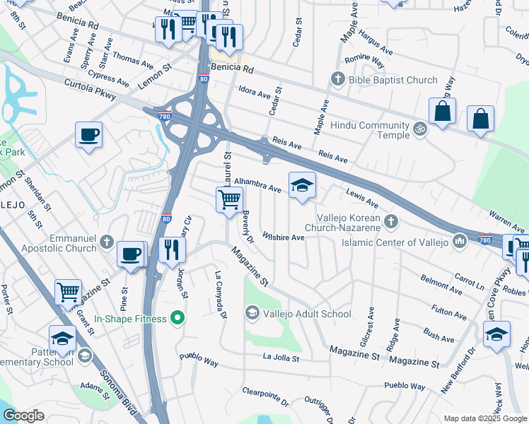 map of restaurants, bars, coffee shops, grocery stores, and more near 26 Wilshire Avenue in Vallejo