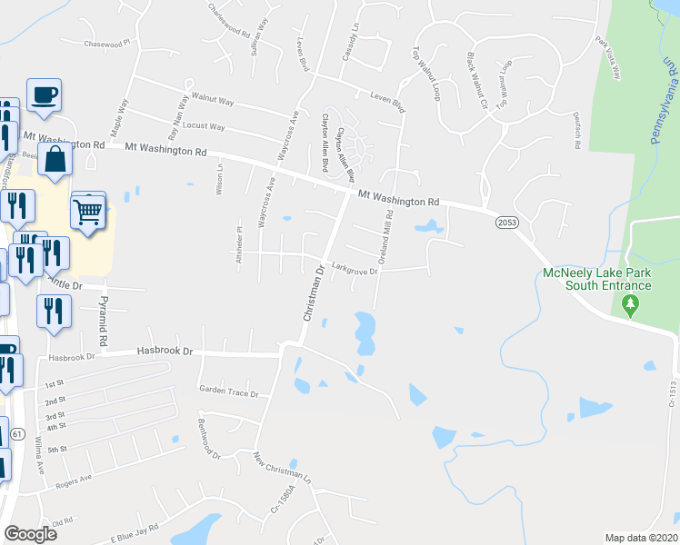 map of restaurants, bars, coffee shops, grocery stores, and more near 11001 Cedar Hill Court in Louisville