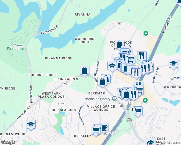 map of restaurants, bars, coffee shops, grocery stores, and more near 1854 Woodburn Road in Charlottesville