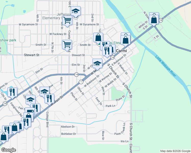 map of restaurants, bars, coffee shops, grocery stores, and more near 205 West Main Street in Carmi