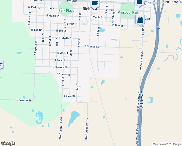 map of restaurants, bars, coffee shops, grocery stores, and more near 723 East Hickory Street in Rich Hill