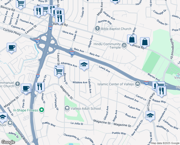 map of restaurants, bars, coffee shops, grocery stores, and more near 401 Alhambra Avenue in Vallejo