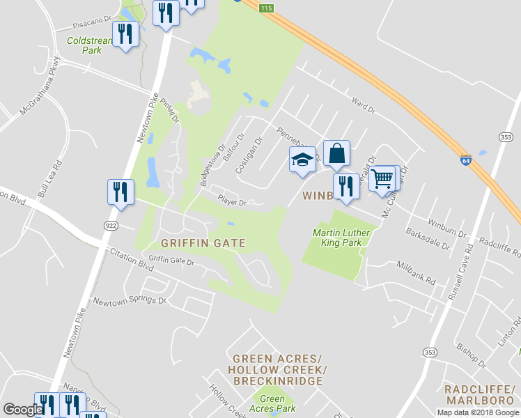 map of restaurants, bars, coffee shops, grocery stores, and more near 1556 Player Drive in Lexington