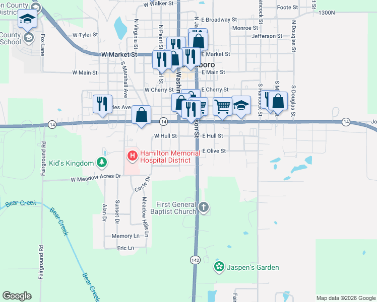 map of restaurants, bars, coffee shops, grocery stores, and more near Olive St in McLeansboro