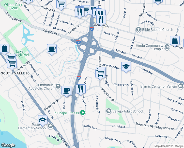 map of restaurants, bars, coffee shops, grocery stores, and more near 127 Denton Court in Vallejo