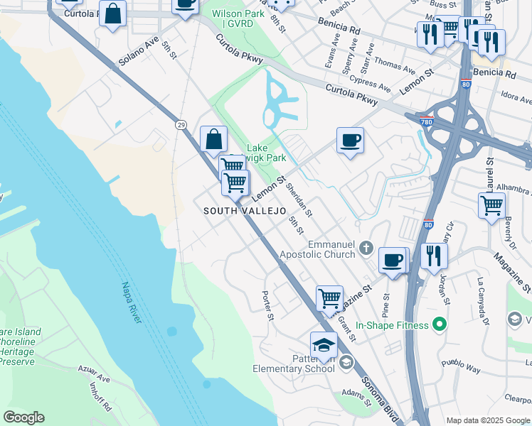 map of restaurants, bars, coffee shops, grocery stores, and more near 609 Grant Street in Vallejo