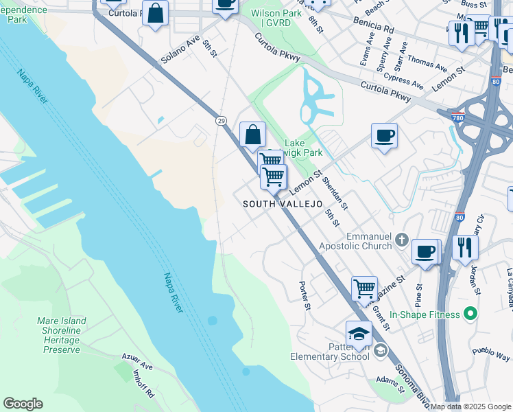map of restaurants, bars, coffee shops, grocery stores, and more near 517 Porter Street in Vallejo
