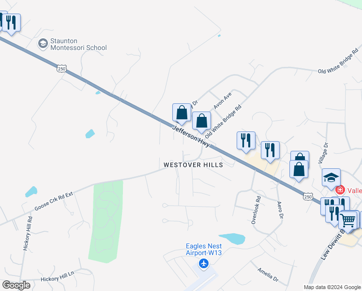 map of restaurants, bars, coffee shops, grocery stores, and more near 2367 Jefferson Highway in Waynesboro