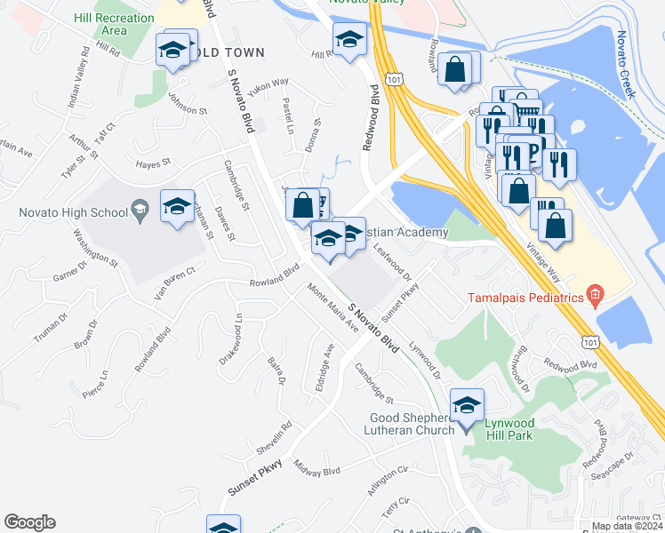 map of restaurants, bars, coffee shops, grocery stores, and more near 1370 Novato Boulevard in Novato