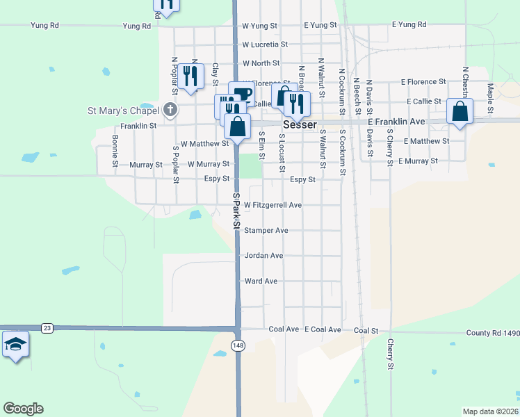 map of restaurants, bars, coffee shops, grocery stores, and more near 515 South Elm Street in Sesser