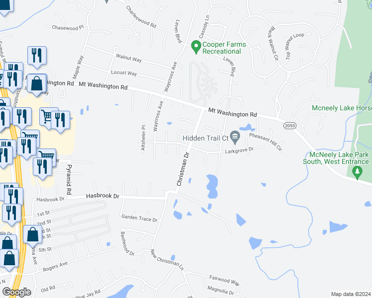 map of restaurants, bars, coffee shops, grocery stores, and more near 5808 Larkgrove Drive in Louisville