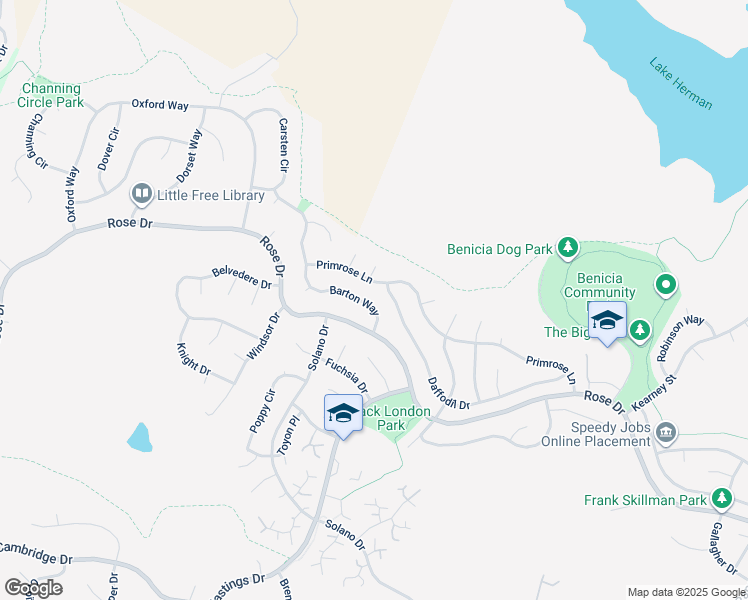 map of restaurants, bars, coffee shops, grocery stores, and more near 725 Barton Way in Benicia