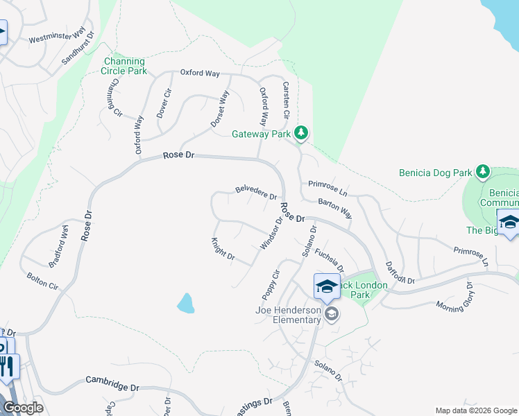 map of restaurants, bars, coffee shops, grocery stores, and more near 693 Abbey Court in Benicia