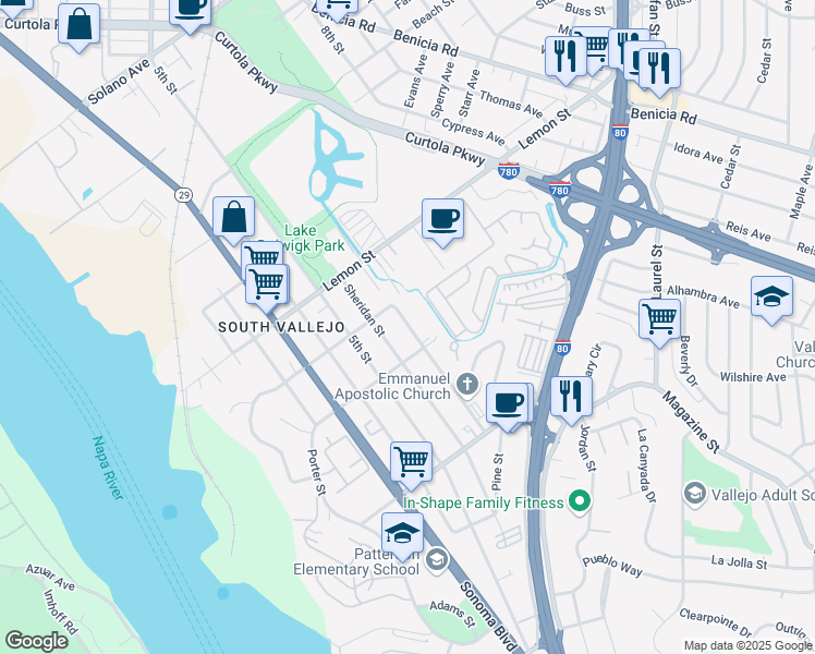 map of restaurants, bars, coffee shops, grocery stores, and more near 726 6th Street in Vallejo