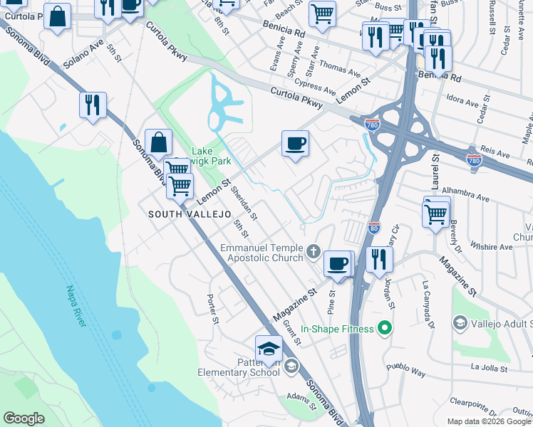 map of restaurants, bars, coffee shops, grocery stores, and more near 727 6th Street in Vallejo