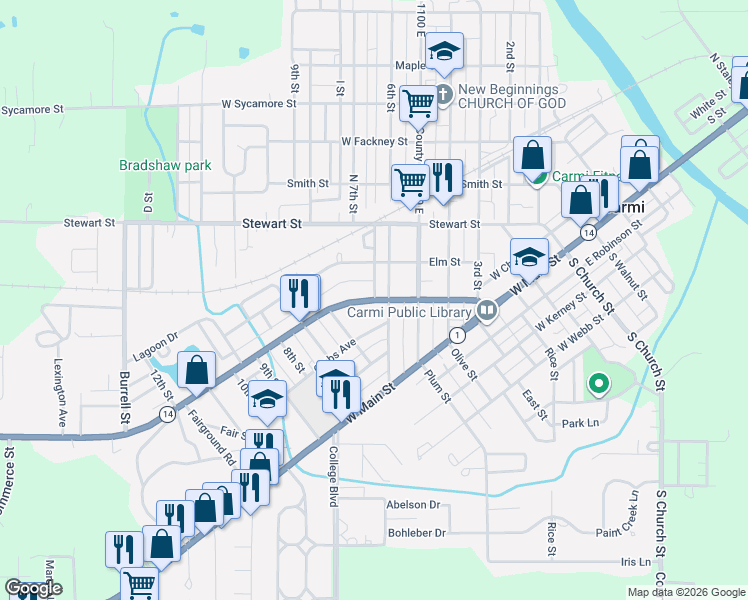 map of restaurants, bars, coffee shops, grocery stores, and more near 606 County Road 1400 North in Carmi