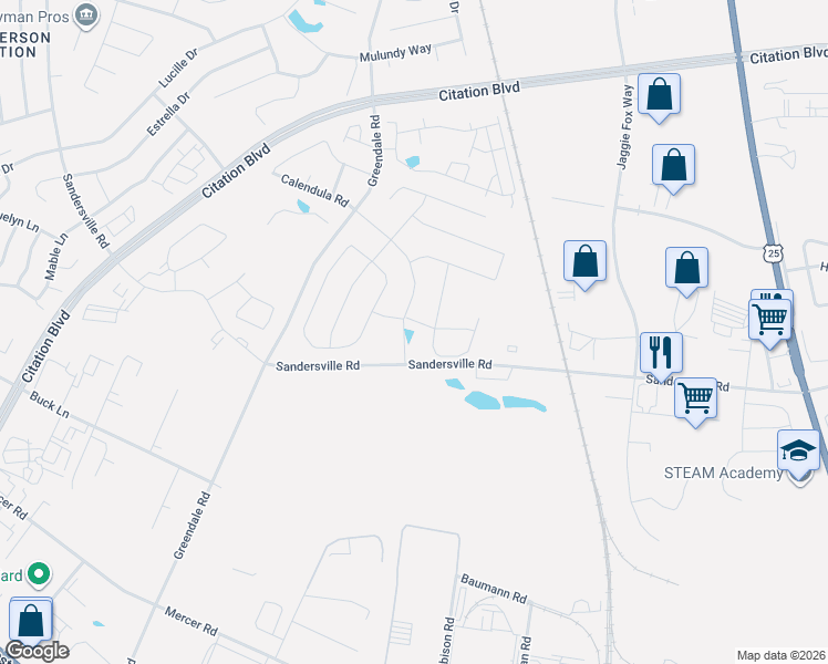map of restaurants, bars, coffee shops, grocery stores, and more near 2405 Sandersville Road in Lexington