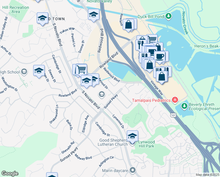map of restaurants, bars, coffee shops, grocery stores, and more near 1308 Leafwood Drive in Novato