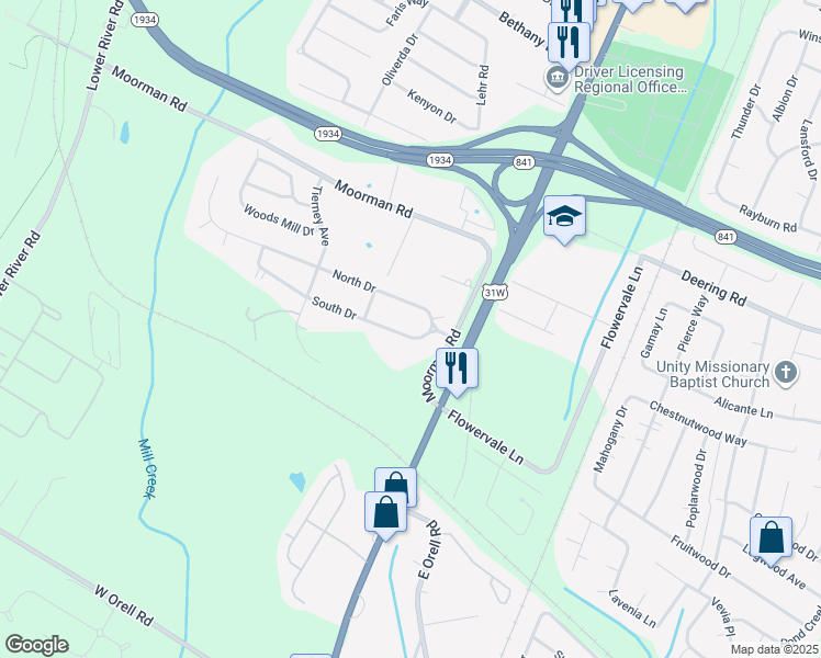 map of restaurants, bars, coffee shops, grocery stores, and more near 6409 South Drive in Louisville
