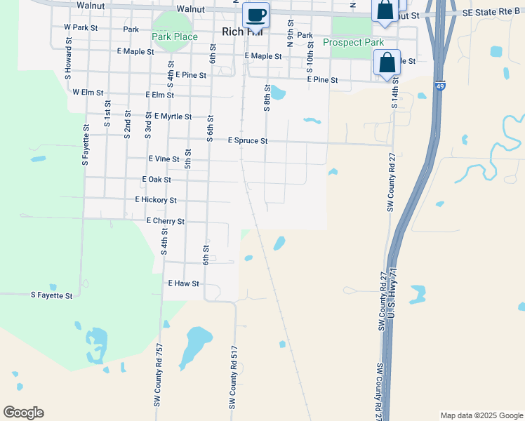 map of restaurants, bars, coffee shops, grocery stores, and more near 723 East Hickory Street in Rich Hill