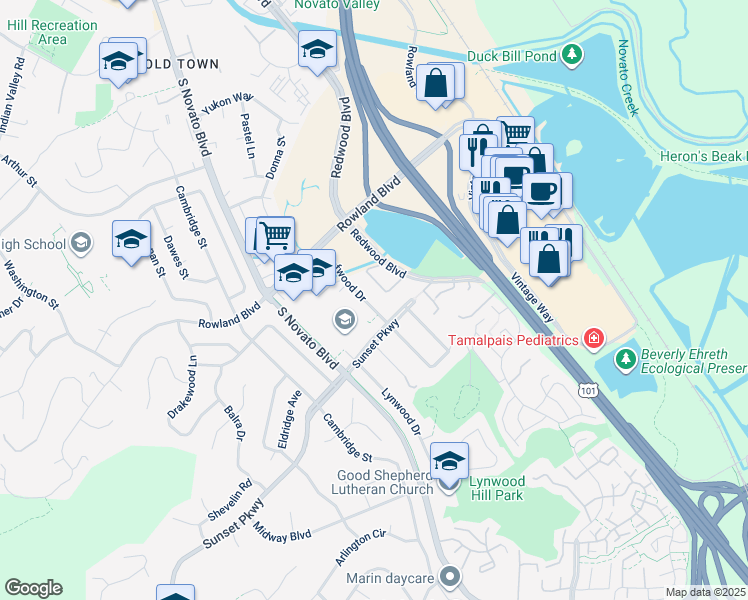 map of restaurants, bars, coffee shops, grocery stores, and more near 1308 Leafwood Drive in Novato
