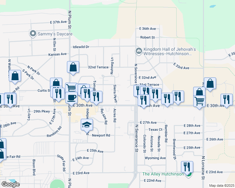 map of restaurants, bars, coffee shops, grocery stores, and more near 3006 Sierra Parkway in Hutchinson