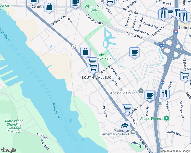 map of restaurants, bars, coffee shops, grocery stores, and more near Sonoma Blvd & Lemon St in Vallejo