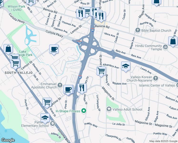 map of restaurants, bars, coffee shops, grocery stores, and more near 127 Denton Court in Vallejo