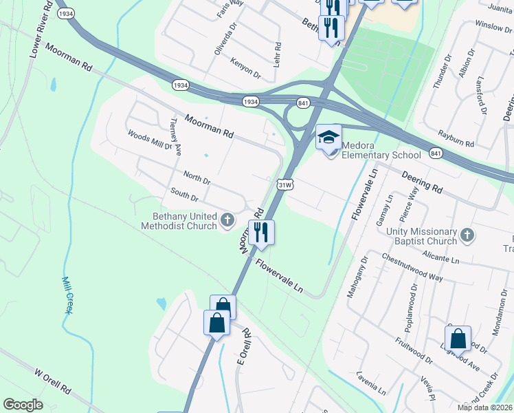 map of restaurants, bars, coffee shops, grocery stores, and more near 6150 Moorman Road in Louisville