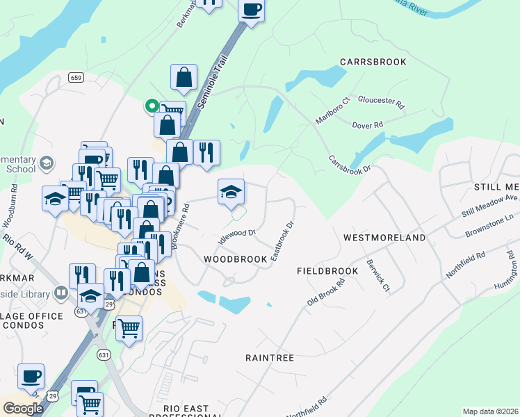 map of restaurants, bars, coffee shops, grocery stores, and more near 2921 Idlewood Drive in Charlottesville