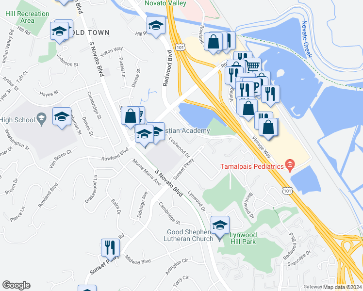 map of restaurants, bars, coffee shops, grocery stores, and more near 1310 Leafwood Drive in Novato