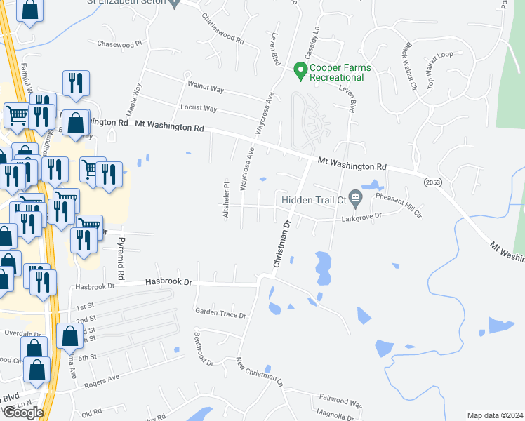 map of restaurants, bars, coffee shops, grocery stores, and more near 5800 Larkgrove Drive in Louisville