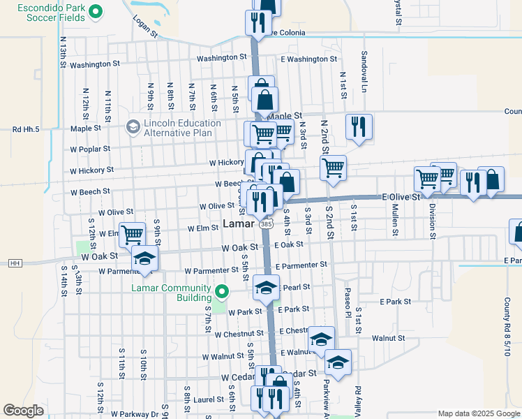 map of restaurants, bars, coffee shops, grocery stores, and more near 200 South Main Street in Lamar