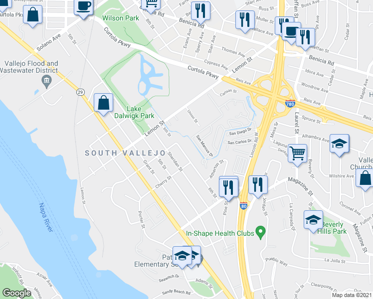map of restaurants, bars, coffee shops, grocery stores, and more near 726 6th St in Vallejo