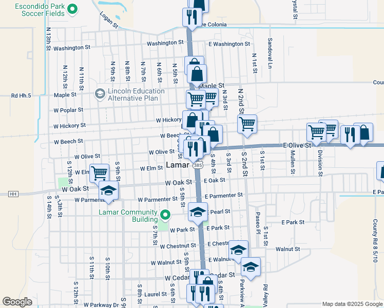 map of restaurants, bars, coffee shops, grocery stores, and more near 200 South Main Street in Lamar