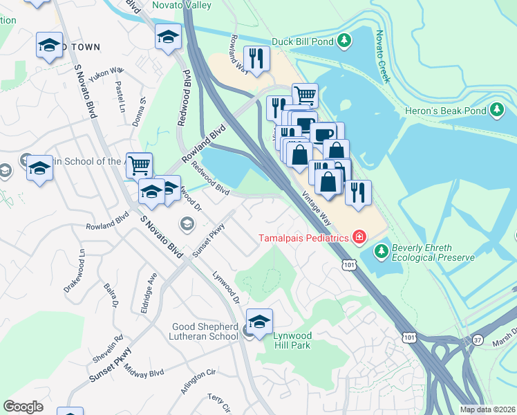 map of restaurants, bars, coffee shops, grocery stores, and more near 21 Lakeview Court in Novato