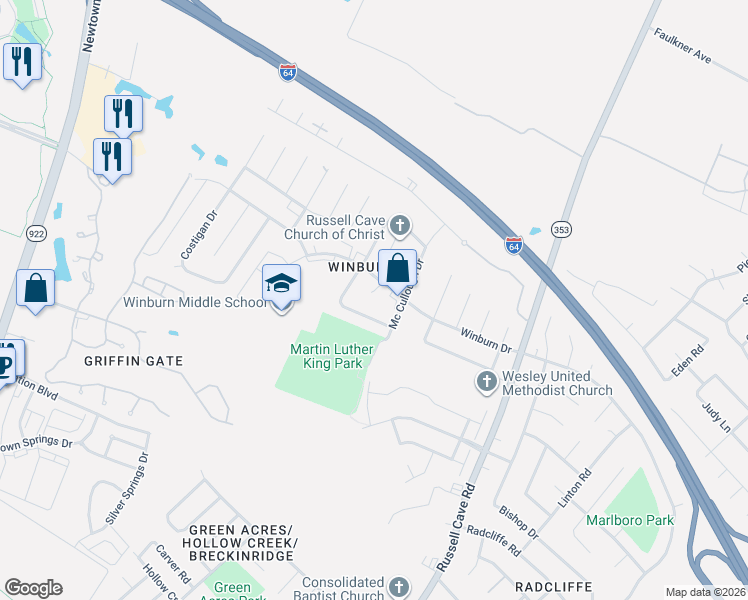 map of restaurants, bars, coffee shops, grocery stores, and more near 1700 Mikan Court in Lexington