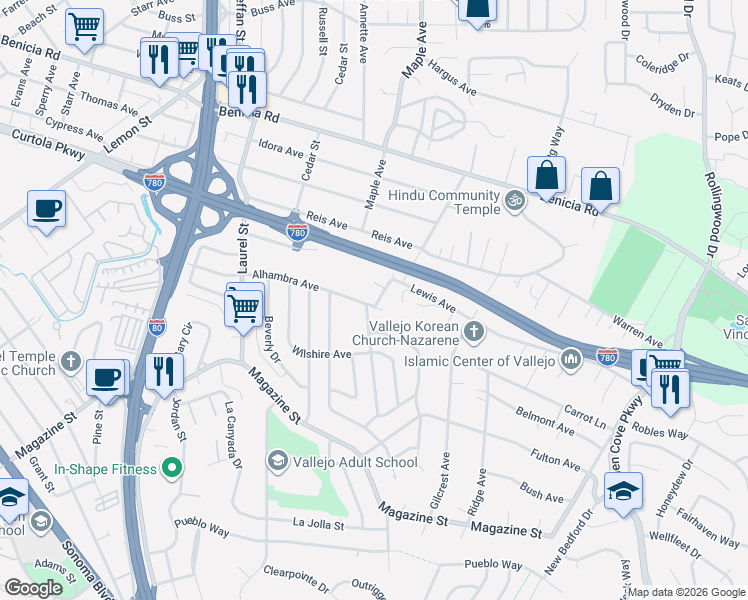 map of restaurants, bars, coffee shops, grocery stores, and more near 396 Alhambra Avenue in Vallejo