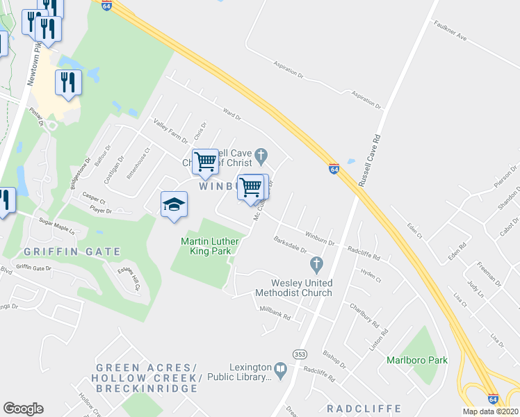 map of restaurants, bars, coffee shops, grocery stores, and more near 1799 Mc Cullough Drive in Lexington